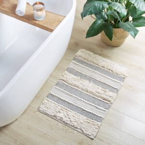 Boho Stripe Handwoven Bath Rug, Ivory/Grey