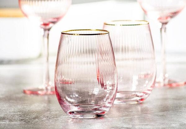 Optic Stemless Wine Glass w/Gold Rim-Pnk-4.5"H(18oz) - Image 2