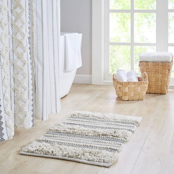 Boho Stripe Handwoven Bath Rug, Ivory/Grey - Image 2