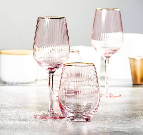 Optic Stemless Wine Glass w/Gold Rim-Pnk-4.5"H(18oz) - Image 3