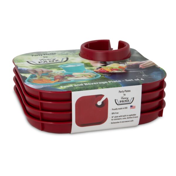 Reusable Party Plates w/ Beverage Holder - Set of 4 - Red - Image 3